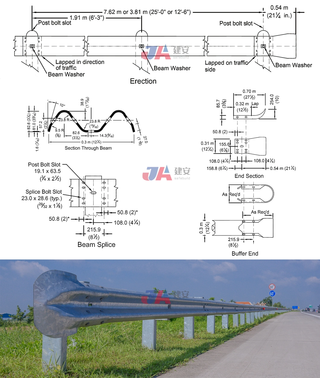 Guardrail Plate Galvanized Traffic Safety Metal Beam Barrier Highway Guardrail